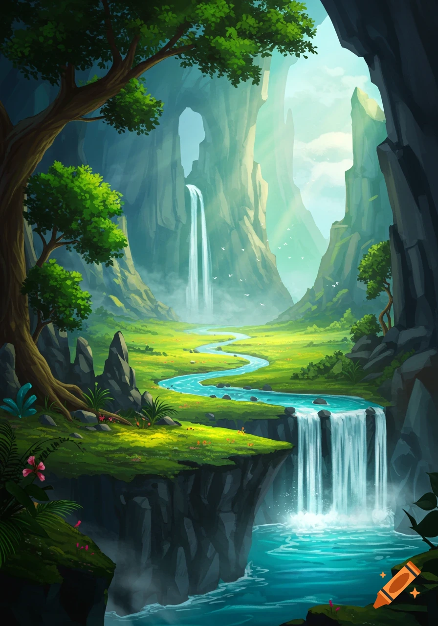 A vibrant fantasy landscape depicting a lush green valley with winding rivers, multiple waterfalls cascading over towering cliffs, and large trees.