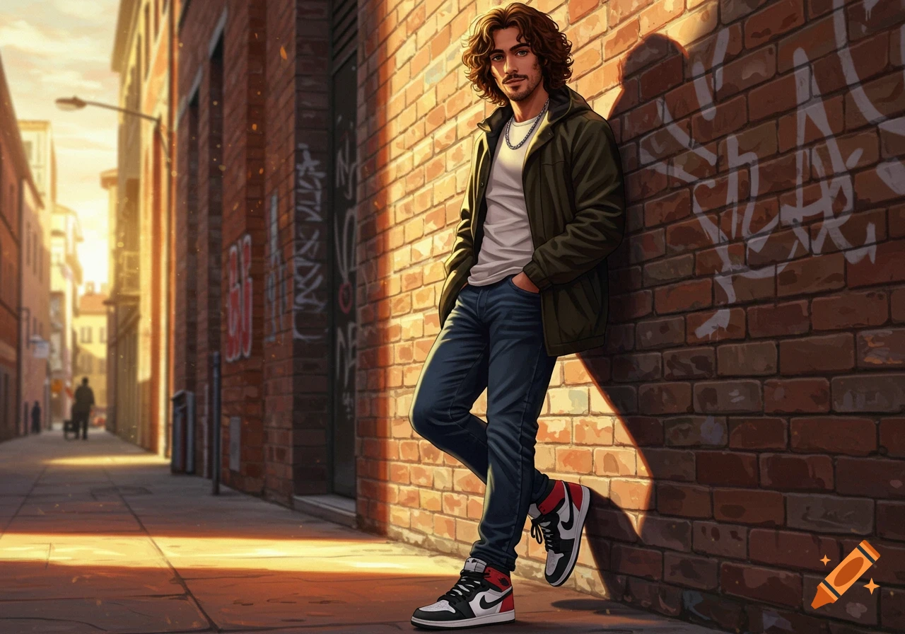 A man with curly brown hair wearing a jacket, t-shirt, jeans, and sneakers leans against a brick wall with graffiti in an urban alley at sunset, in an animated style.