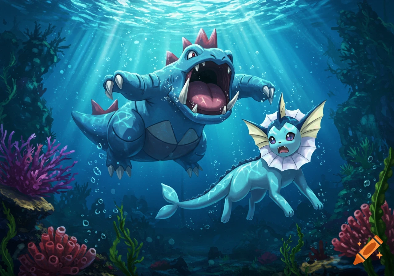 A large blue Feraligatr with its mouth open chases a scared, light blue Vaporeon through a vibrant underwater scene with coral and sunlight from above.