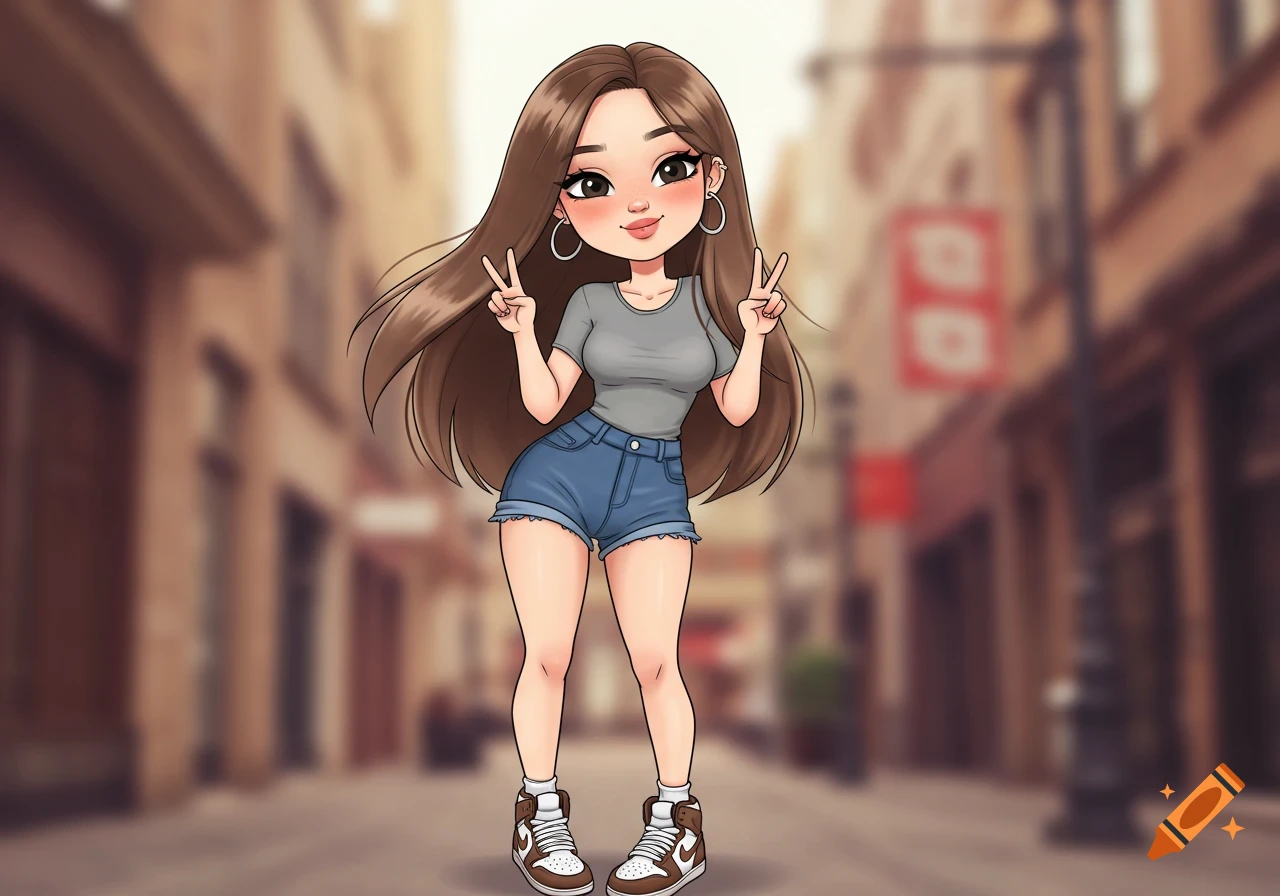 A long brunette-haired cartoon girl in a grey shirt, jean shorts, and brown shoes, doing a peace sign on a blurred city street.