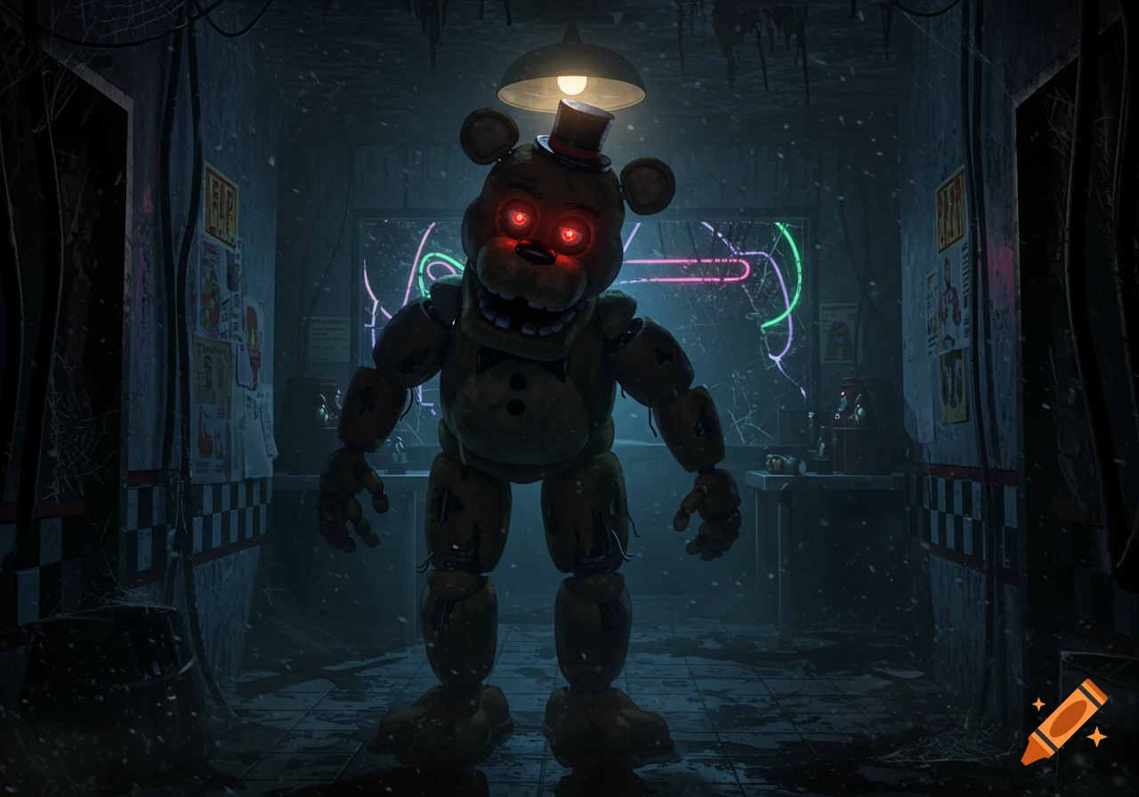 A menacing, damaged yellow animatronic bear with glowing red eyes stands in a dark, decaying room with a sign saying 'HELP'.