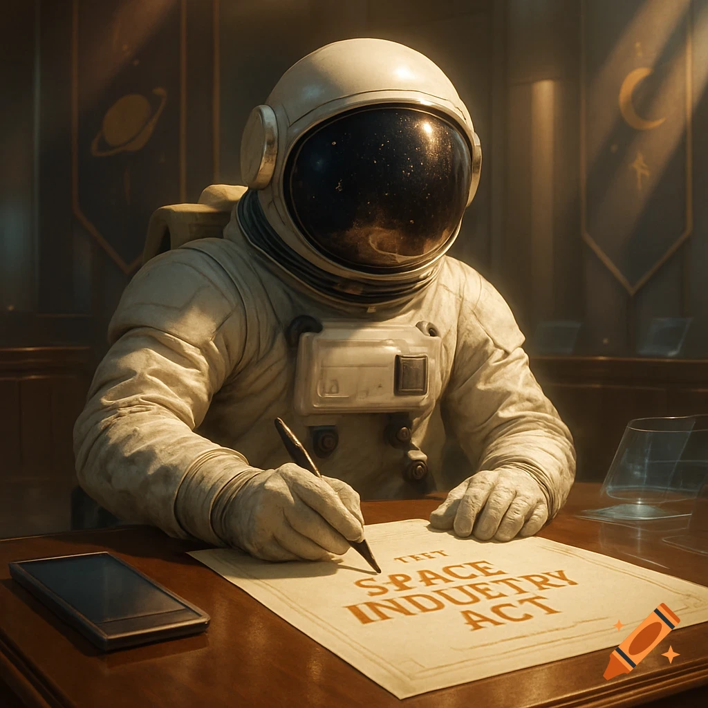 A photorealistic image of an astronaut in a white suit signing a document titled "SPACE INDUSTRY ACT" at a wooden desk in a dimly lit room.
