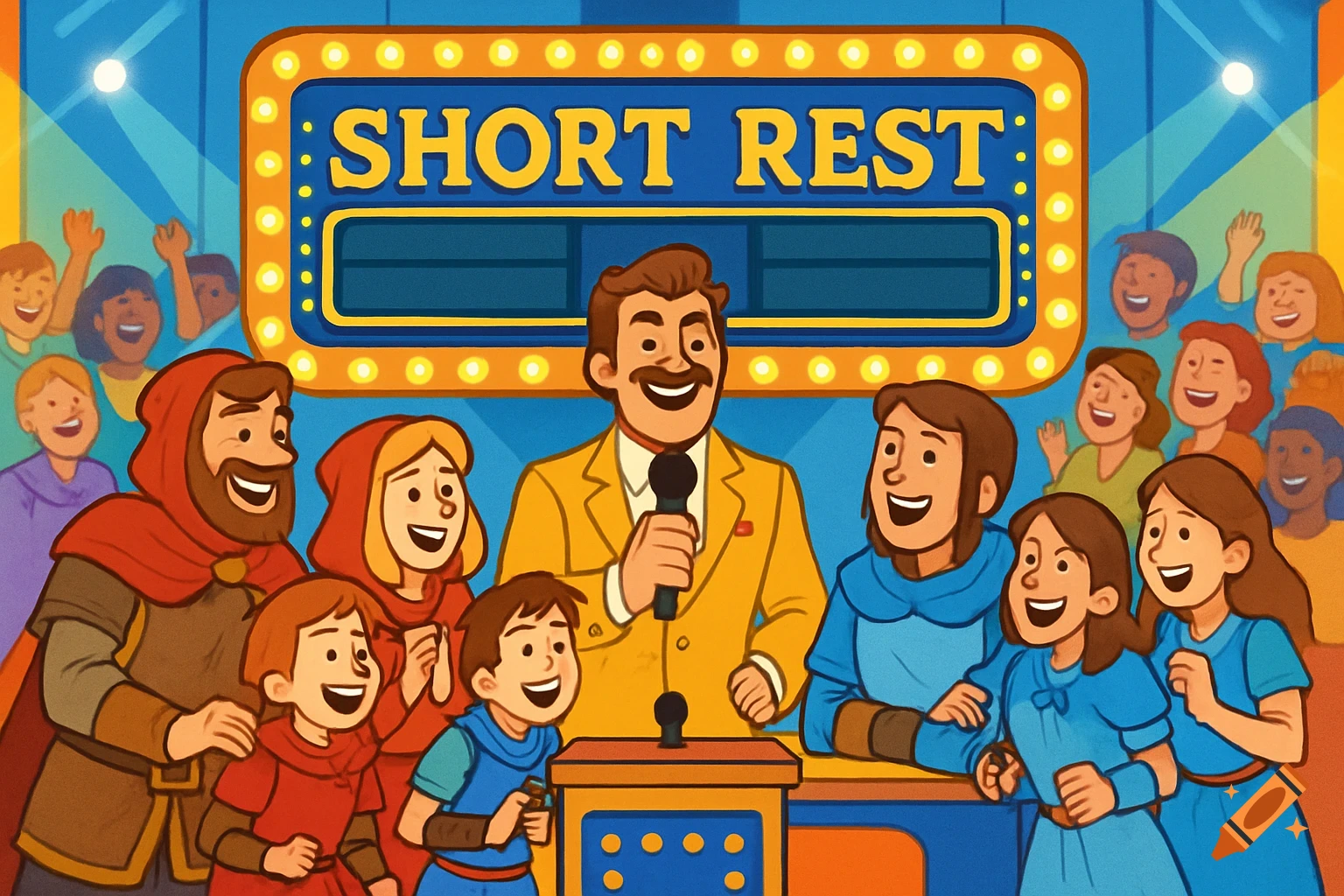 A vibrant cartoon image of a game show, featuring a host with a microphone and two families of contestants smiling. The main sign reads 'SHORT REST'.