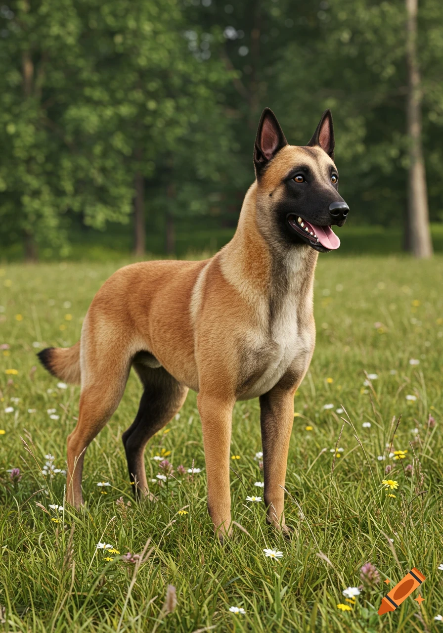 A Belgian Malinois dog with tan fur and a black muzzle stands in a grassy field dotted with small flowers, trees in the background.
