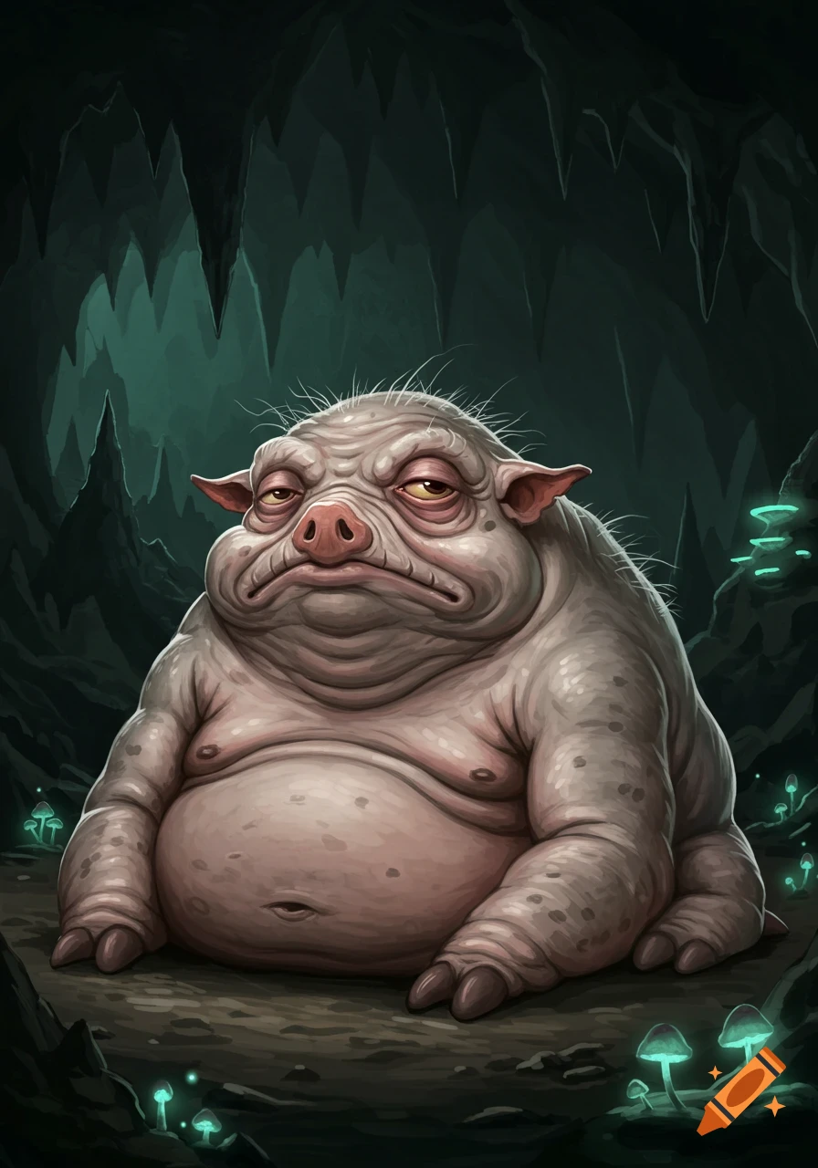 A fat, sleepy, pig-like fantasy creature with a bullfrog face sits in a dark cave illuminated by glowing mushrooms, in an illustrative style.