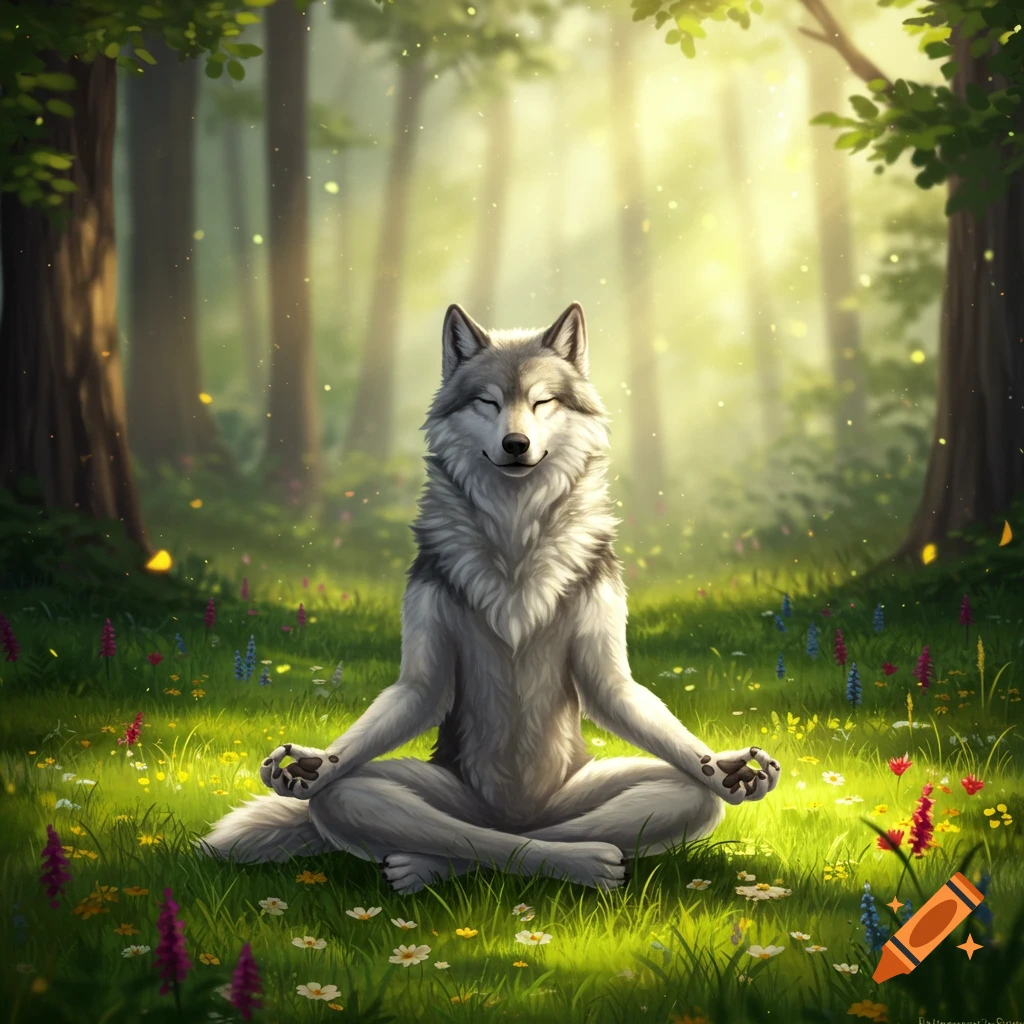 A gray wolf with closed eyes sits in a lotus yoga pose in a sunlit forest clearing filled with colorful wildflowers.