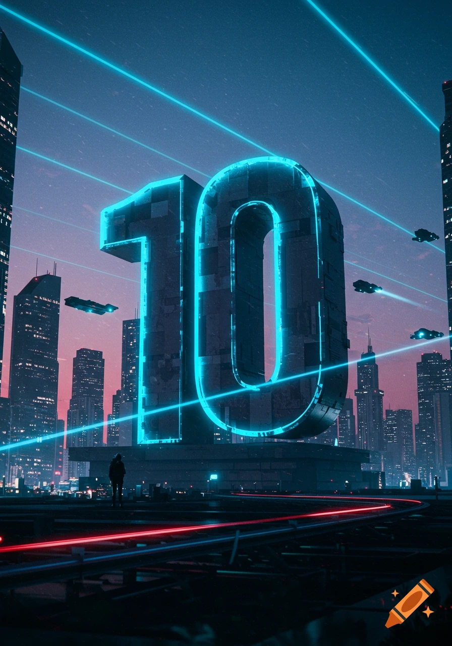 A massive, neon-lit number 10 dominates a futuristic city skyline with flying vehicles and glowing lines.