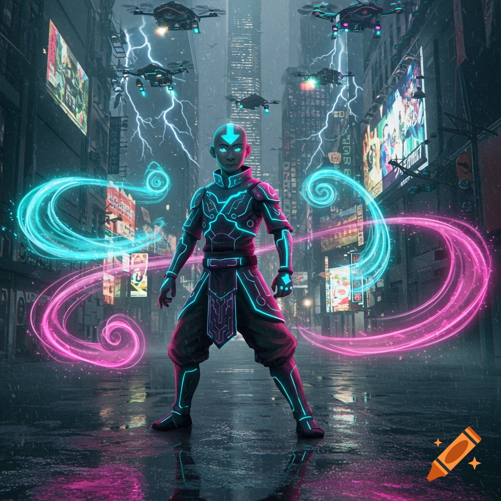 Aang from Avatar: The Last Airbender in cyberpunk style, glowing with neon blue and pink energy in a rainy futuristic city with drones.