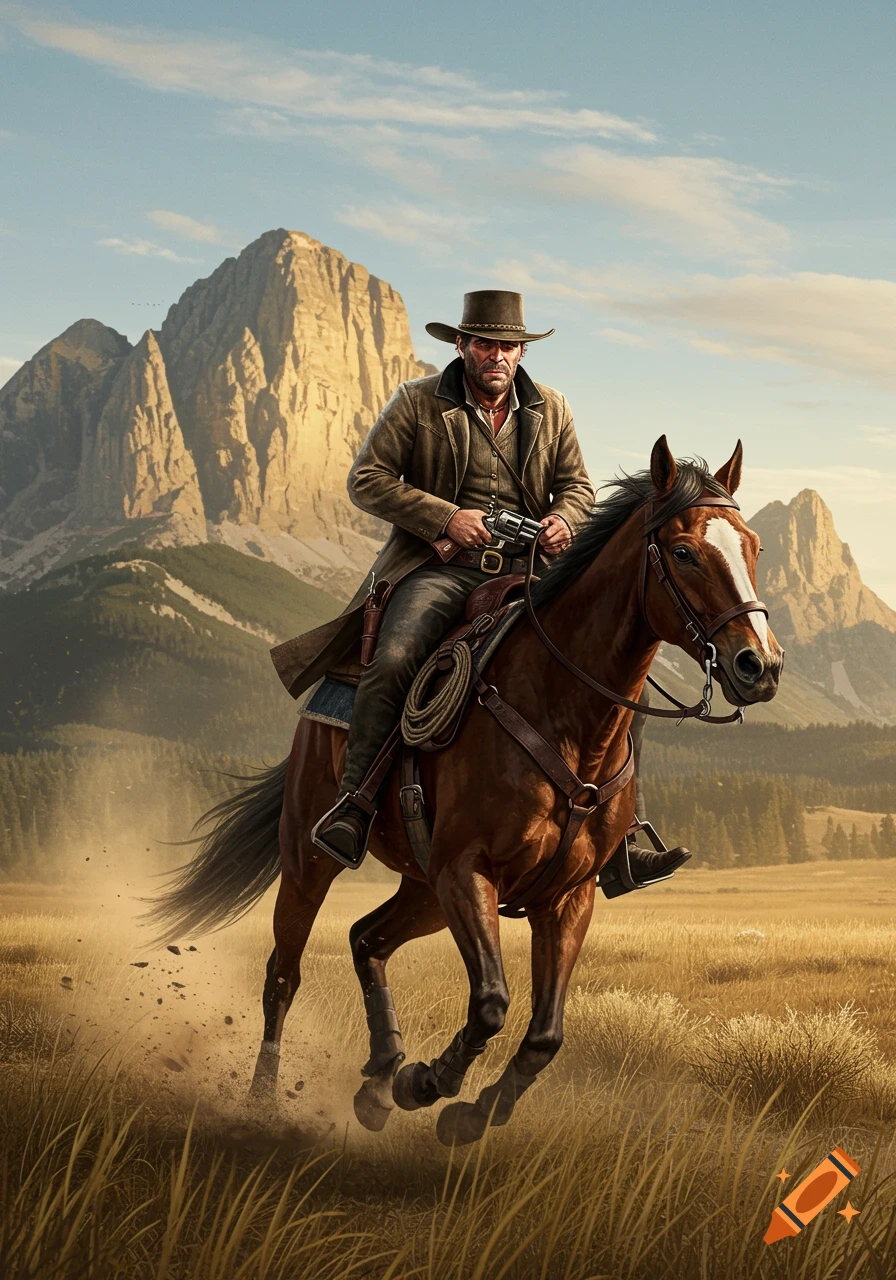 A cowboy on a horse gallops through a grassy field with large mountains under a blue sky. Photorealistic digital art.