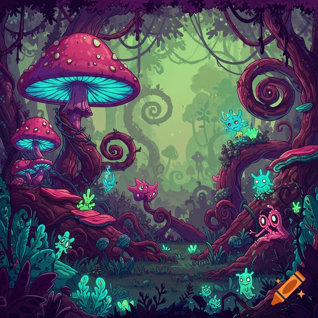 A vibrant 2D game art illustration of a psychedelic fantasy forest with glowing red and blue mushrooms and whimsical, colorful creatures.