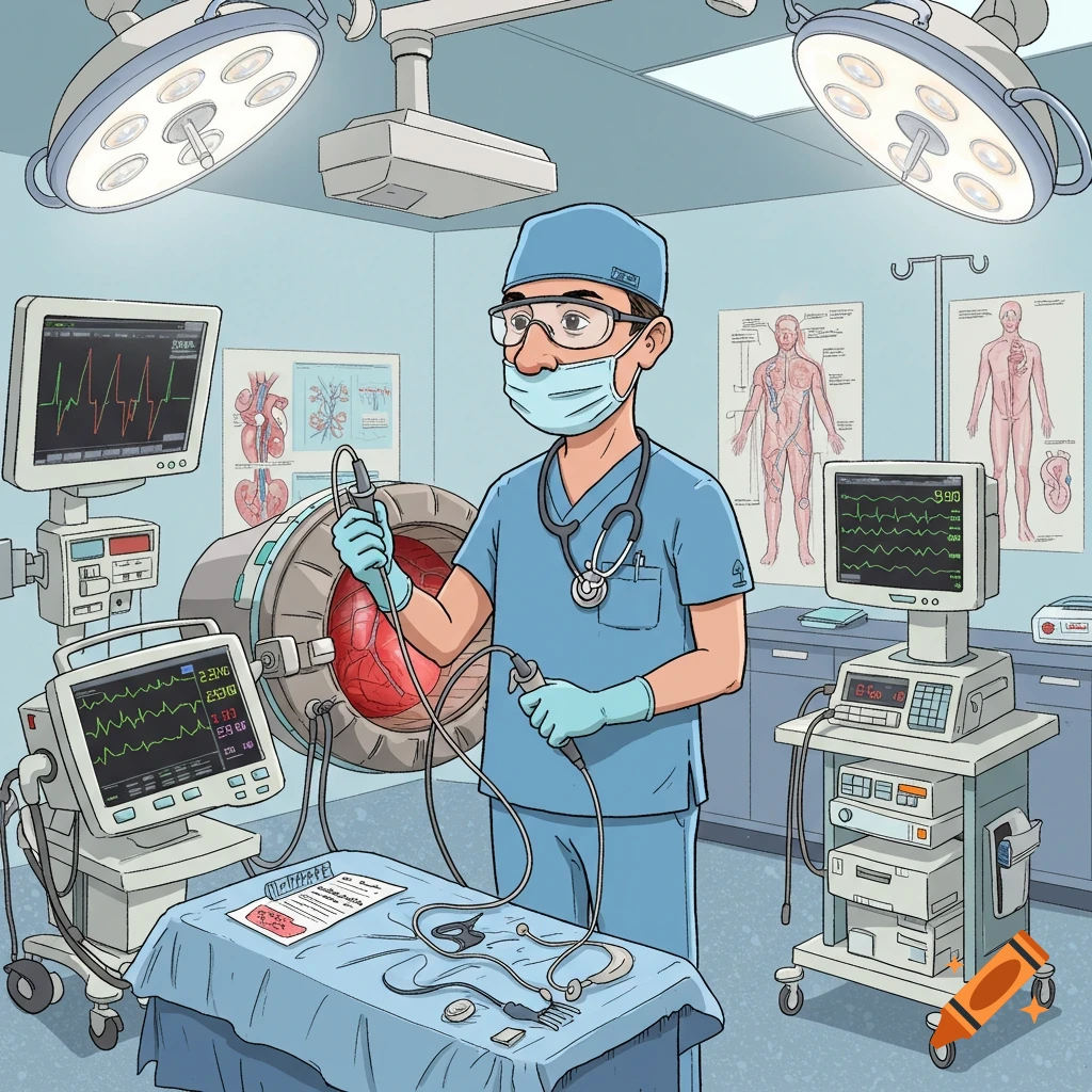A cartoon interventional cardiologist in scrubs, mask, and goggles works at a cath table, examining a heart connected to medical devices in an operating room.