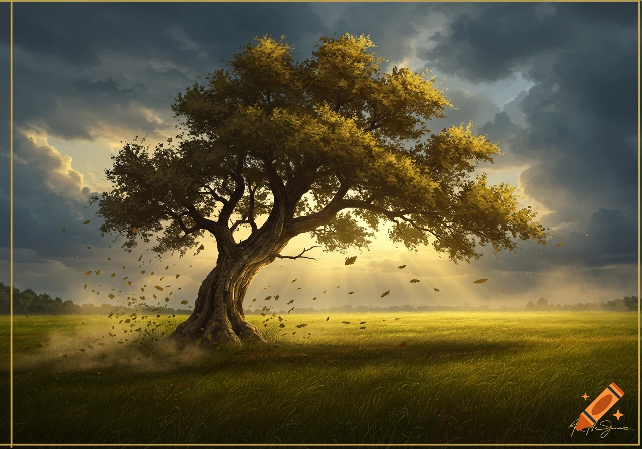 A majestic tree with golden leaves stands in a green field under a dramatic sky with sun rays and blowing leaves, digital art.