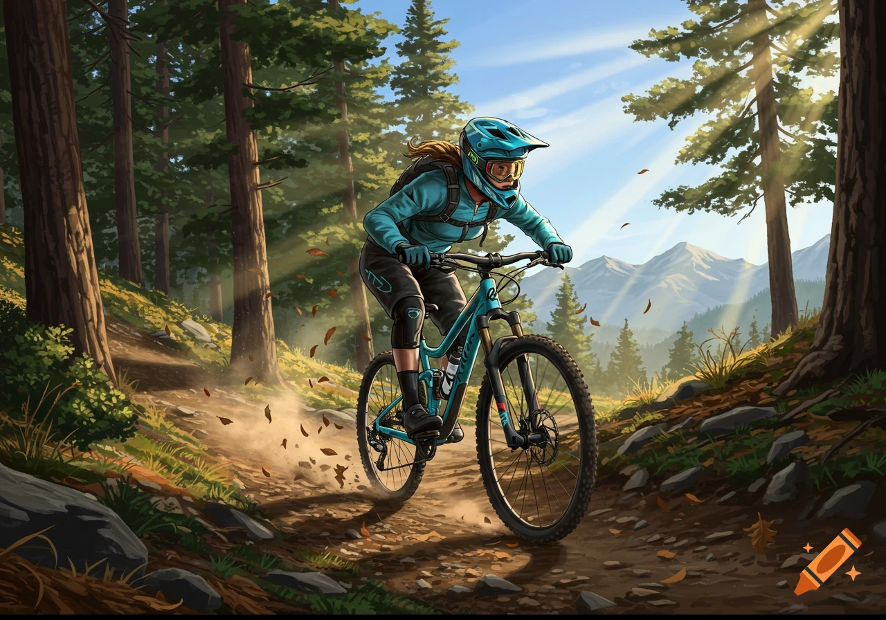 A person in teal gear rides a mountain bike down a sunlit dirt trail in a forest, with mountains in the background.