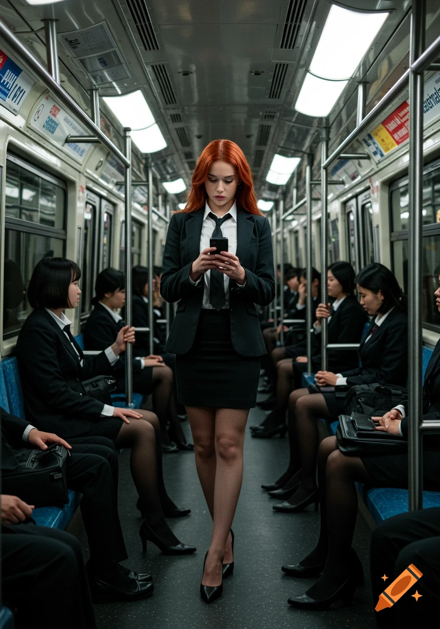 A redhead woman in a black suit walks down the aisle of a crowded subway train, looking at her phone.