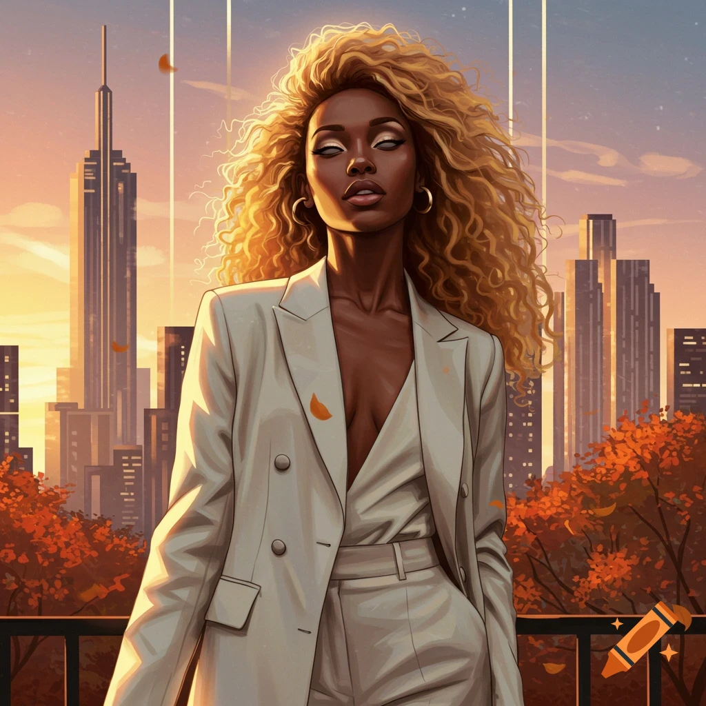 An illustrated black woman with blonde curly hair in a white suit stands before a city skyline at sunset.