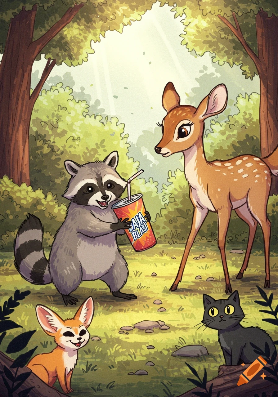 A hand-drawn cartoon of a raccoon with a Baja Blast soda, a fawn, fennec fox, and black cat in a sunny forest.