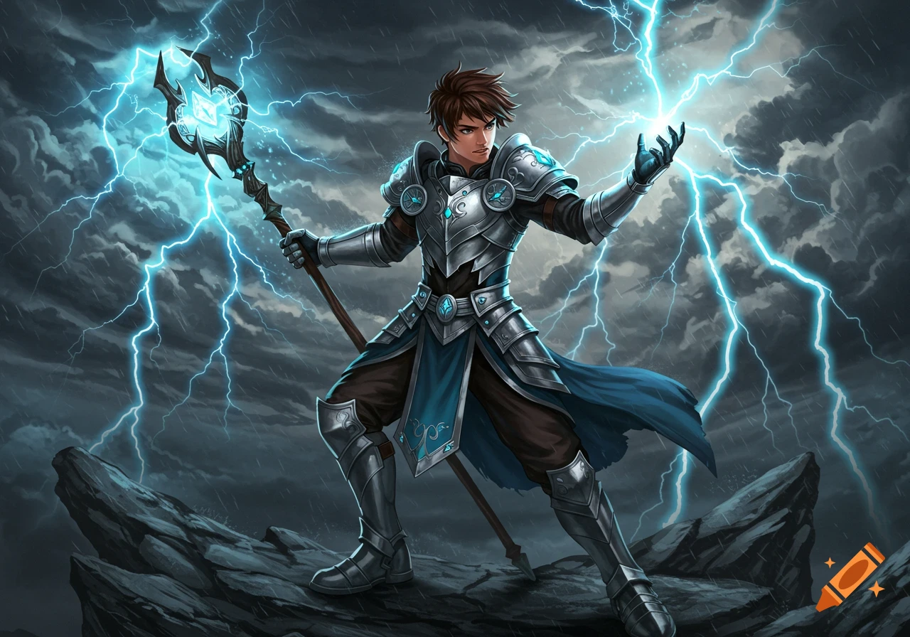 An anime-style fantasy warrior stands on rocks under a stormy sky, wielding a staff and casting blue lightning magic.