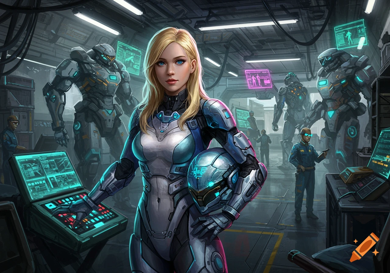 A blonde female mech pilot in a futuristic suit holds a helmet in a hangar with large mechs and technicians.