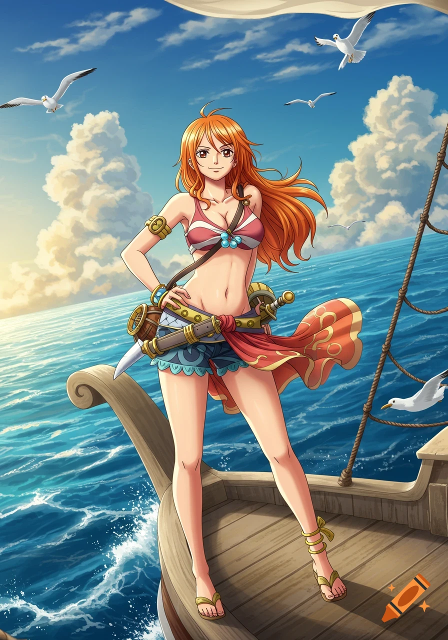 Anime woman with orange hair in a bikini top and shorts stands on a ship at sea under a blue sky with seagulls.