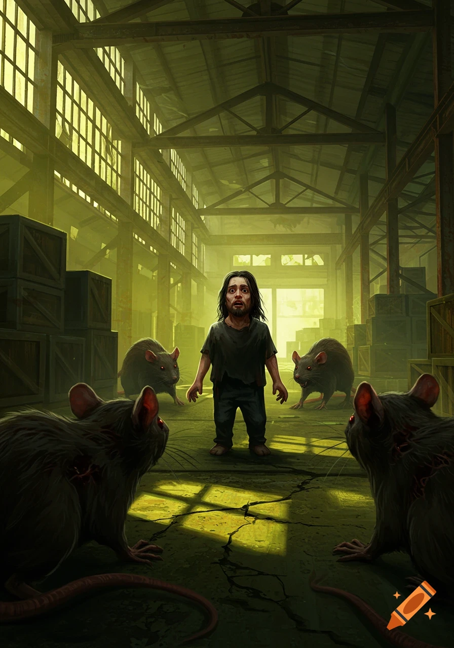 A terrified man is surrounded by giant, red-eyed rats in a gloomy, green-lit warehouse.