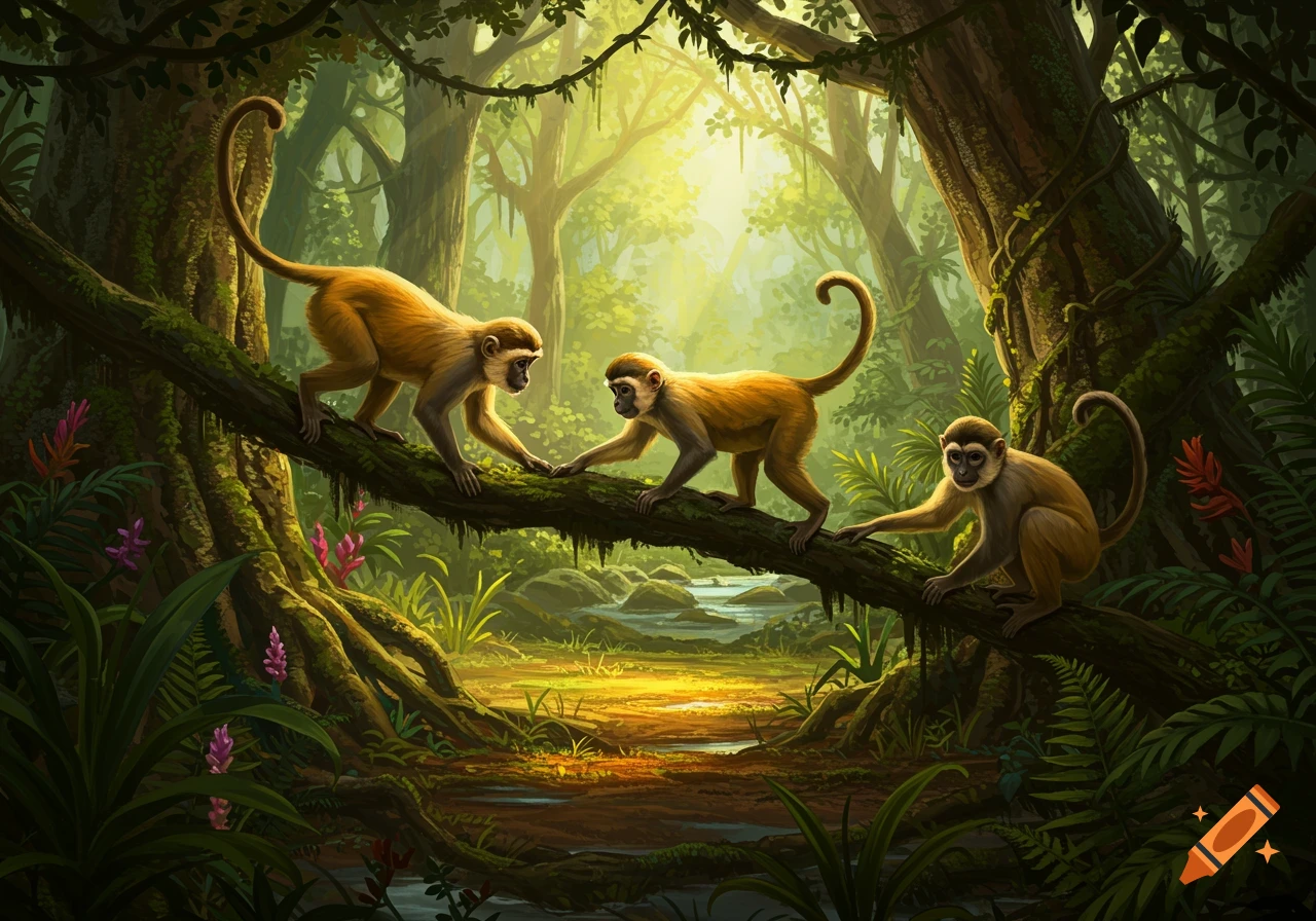 Three monkeys on a branch in a vibrant, sunlit jungle, with a river in the background.