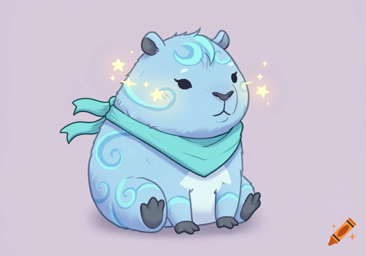 A light blue, plush-style capybara character with turquoise swirls, a matching scarf, and sparkly stars on its cheeks, sitting peacefully.