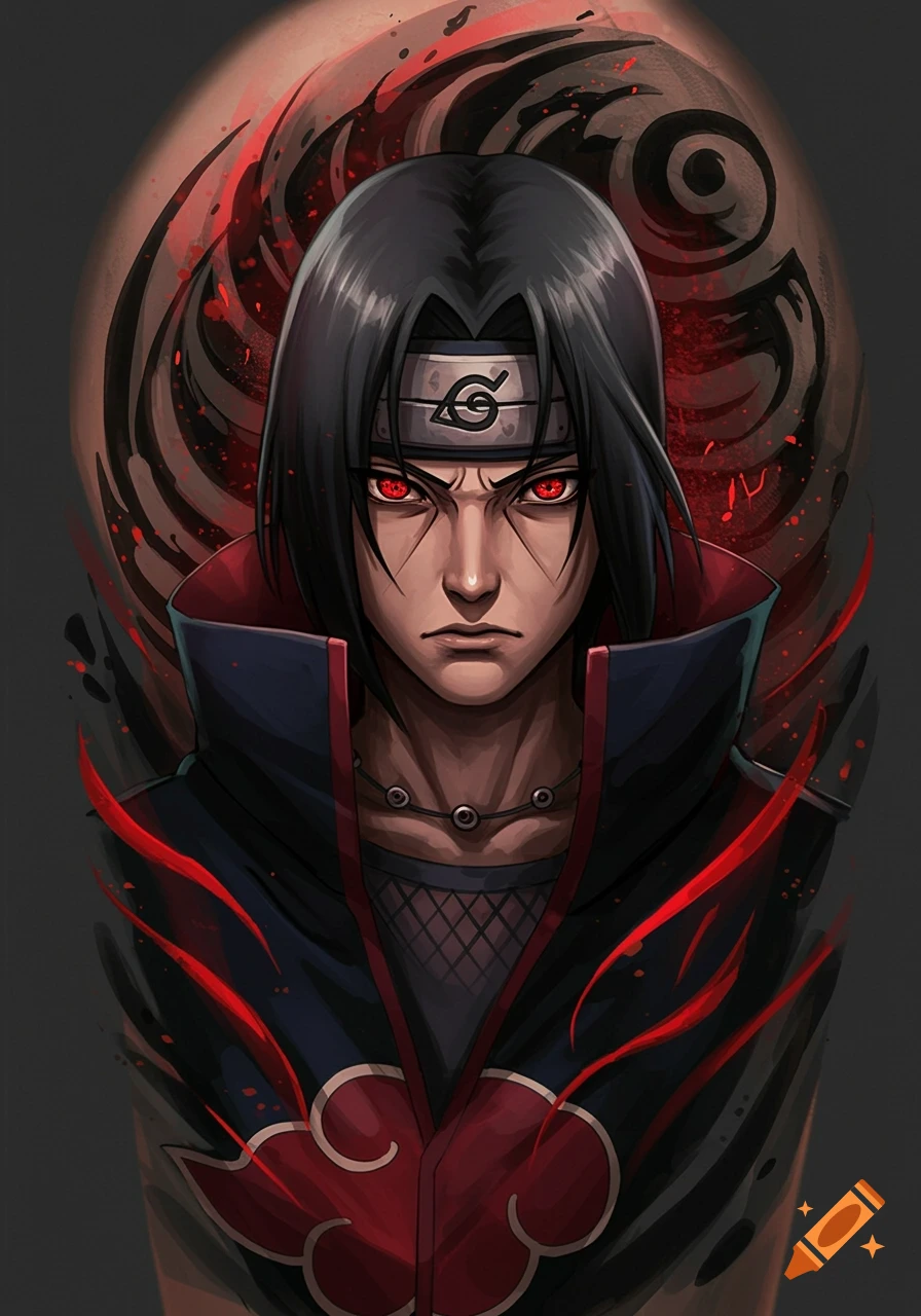 Detailed anime illustration of Itachi Uchiha with red eyes and a Konoha headband, set against a dark, swirling background.