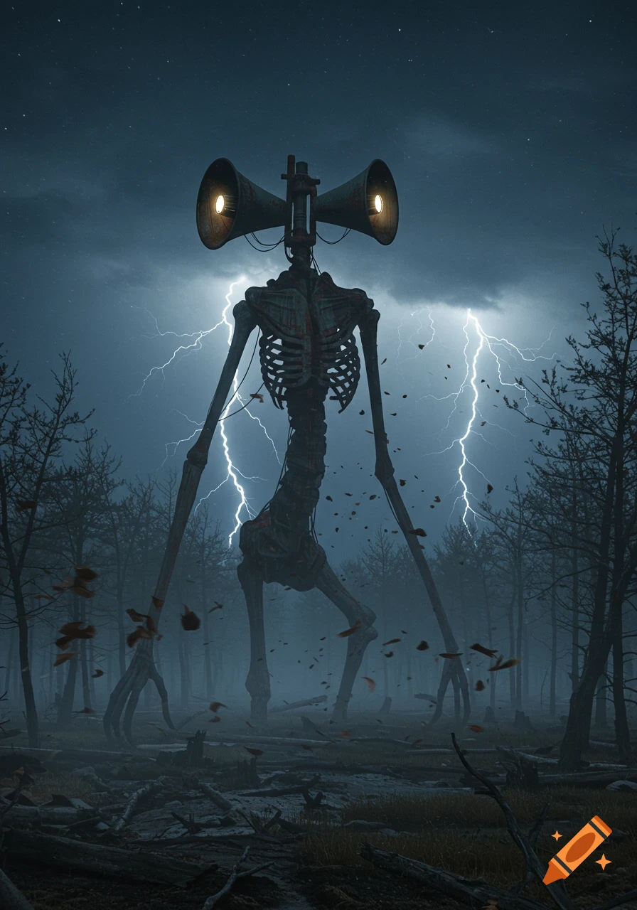 Photorealistic image of Siren Head, a tall skeletal creature with twin sirens for a head, standing ominously in a dark, stormy forest with lightning in the sky.