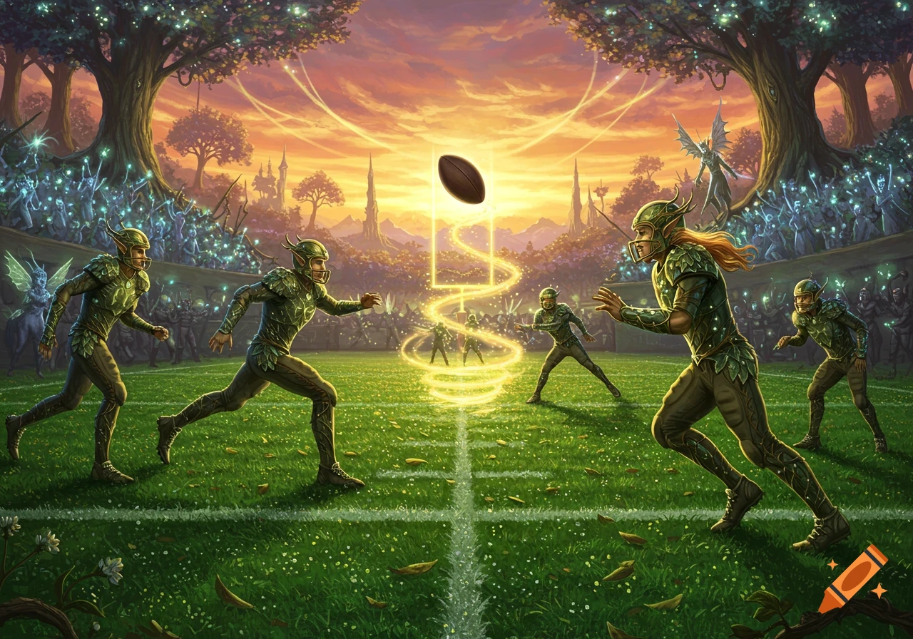 Elves in leaf-like armor play fantasy football on a grassy field, with a glowing football and magical goalposts under a sunset sky.