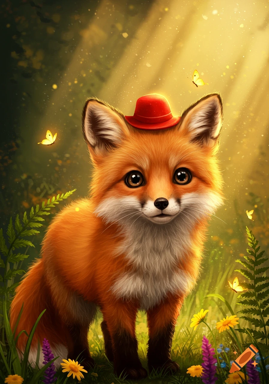 A cute orange fox wearing a red hat stands in a sunlit field with colorful flowers and glowing butterflies in a digital illustration.