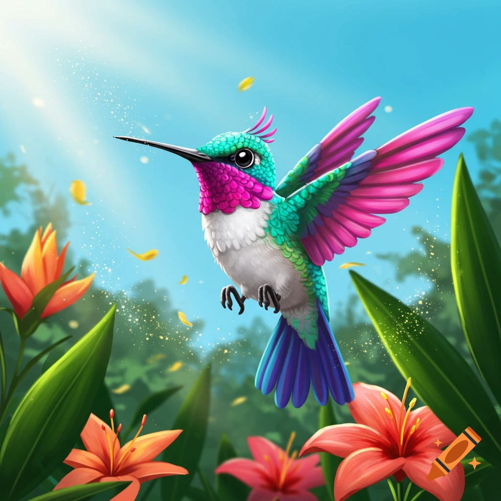 A vibrant cartoon hummingbird with pink, teal, and blue feathers hovers among orange and red flowers under a bright blue sky.