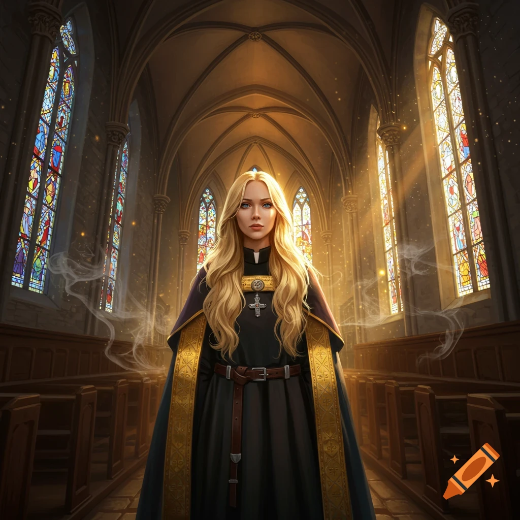 A blonde woman in a priest's robe stands in a sunlit church aisle with stained glass windows.