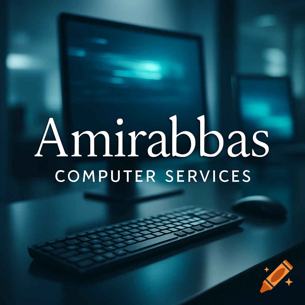 A dark, blurred image of a computer desk with a keyboard, mouse, and a monitor displaying the text Amirabbas Computer Services.