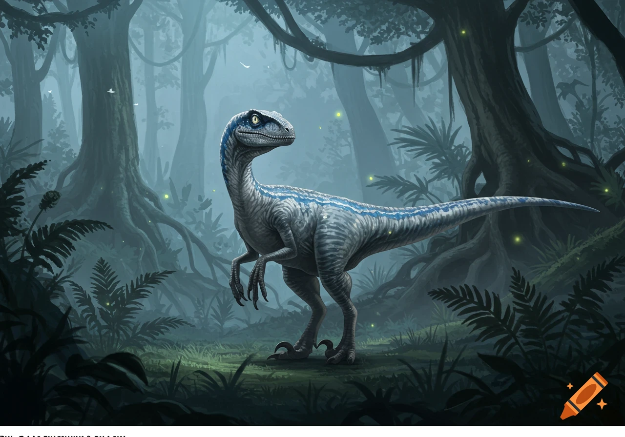A blue-striped Velociraptor stands in a misty, dark jungle with glowing fireflies, looking right. Digital art.