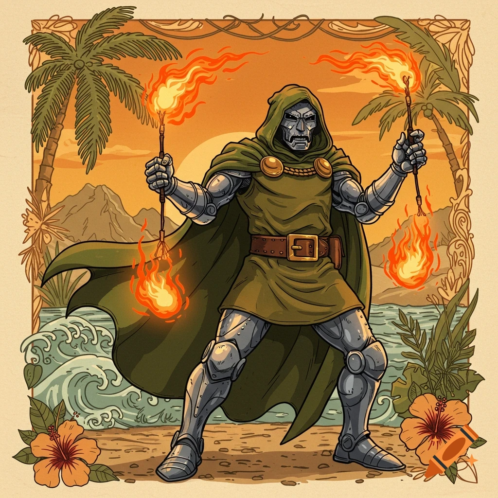 Dr. Doom spinning fire poi on a tropical beach with palm trees and hibiscus flowers, in a tattoo illustration style.