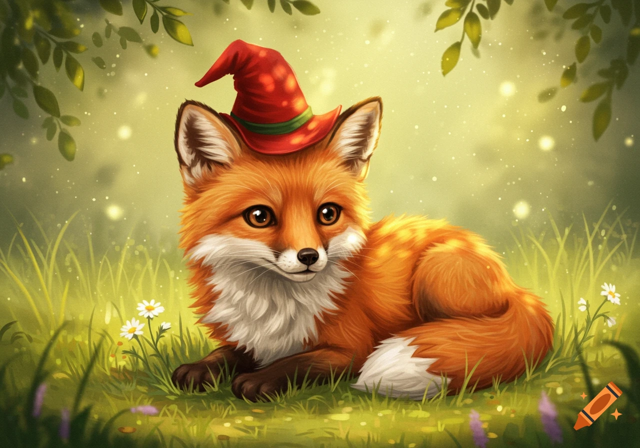 A cute orange fox wearing a red wizard hat lies in green grass with small white flowers.