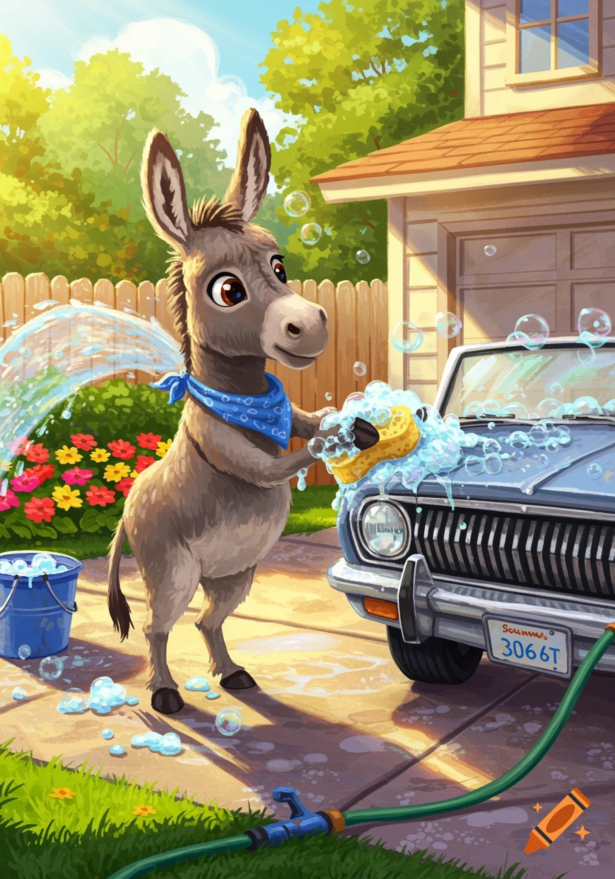 A cute cartoon donkey wearing a blue bandana washes a blue car with a sponge and hose in a sunny driveway with a fence and flowers.