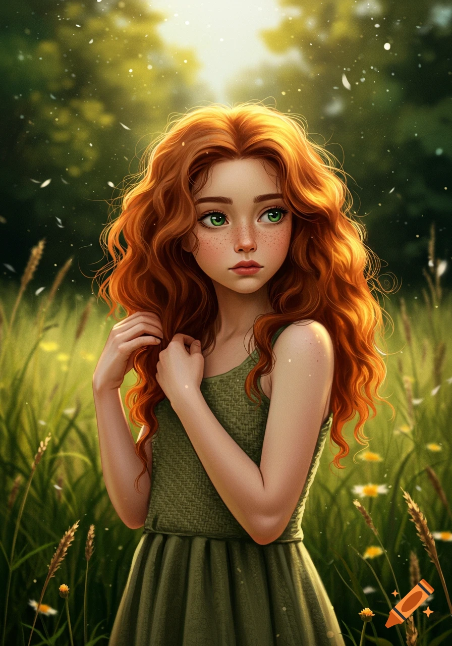 An illustrated girl with long, wavy auburn hair and green eyes stands in a sunny field wearing a green dress.