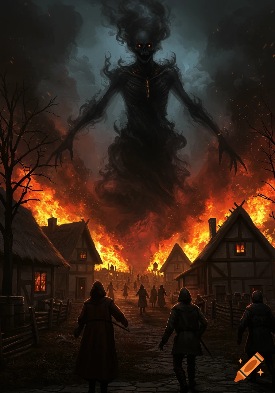 A giant, shadowy, skeletal smoke creature with glowing red eyes looms over a medieval village engulfed in raging flames and dark smoke, as people flee.
