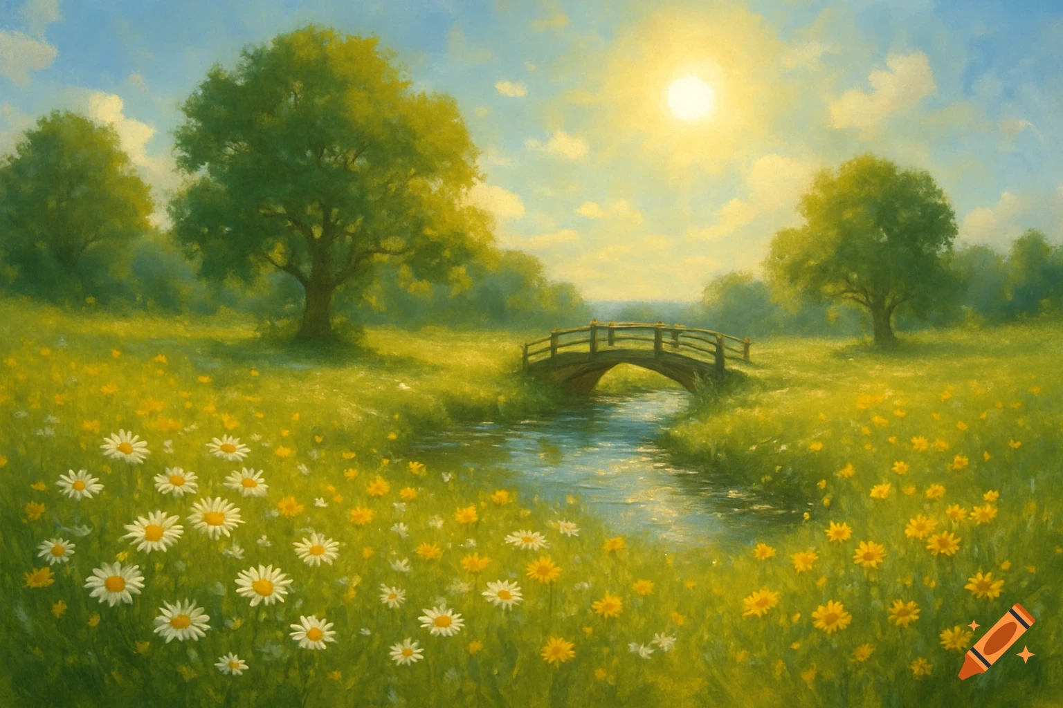 A sunny, painterly landscape features a wooden bridge over a stream, surrounded by green grass and fields of yellow and white daisies.