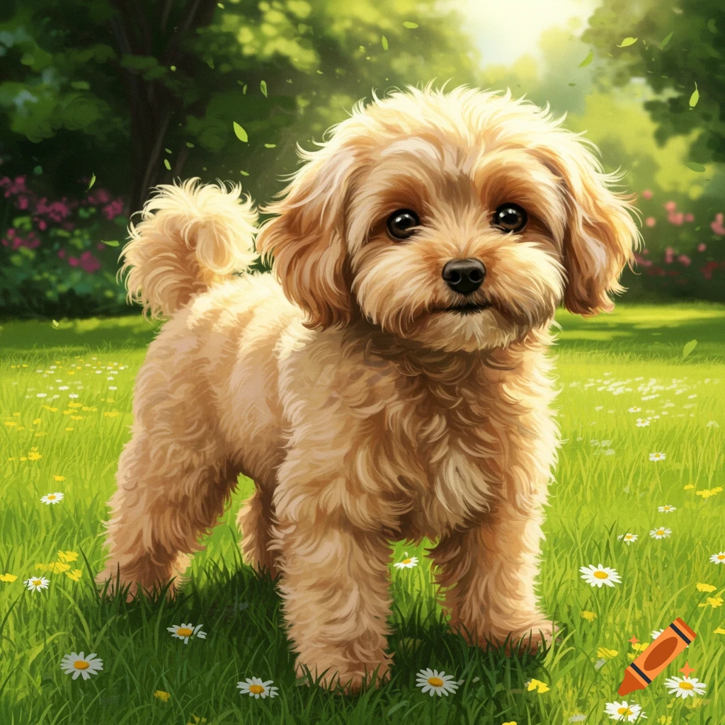 A fluffy beige dog stands in a sunny green field with small white and yellow flowers.