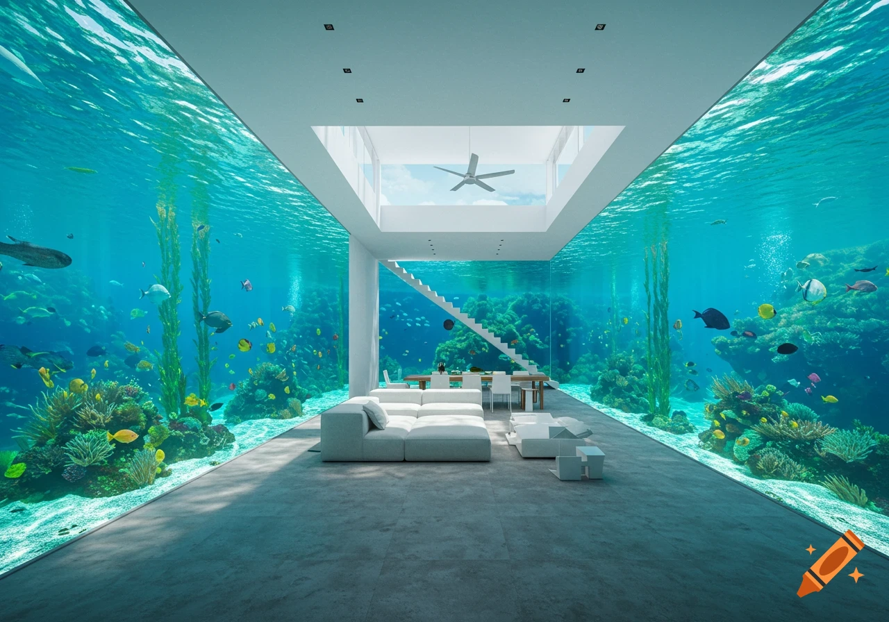A modern house interior with massive glass walls displaying a vibrant underwater ocean filled with colorful fish and coral reefs.