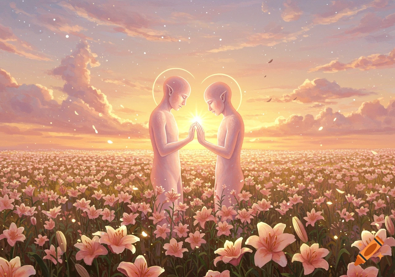 Two ethereal figures stand in a field of pink lilies at sunset, light glowing between their hands, in a peaceful art style.