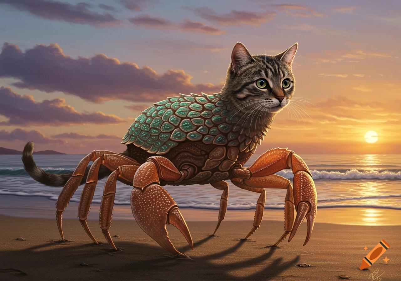 A highly detailed painting of a cat with a crab body standing on a beach at sunset.