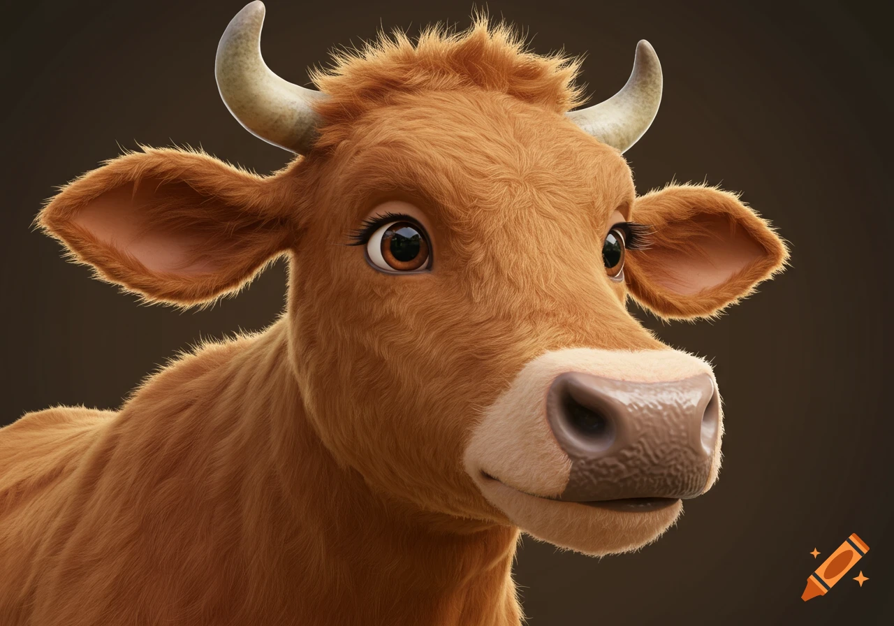 A close-up of a cute, cartoon-style brown cow with large eyes, small horns, and soft fur texture.