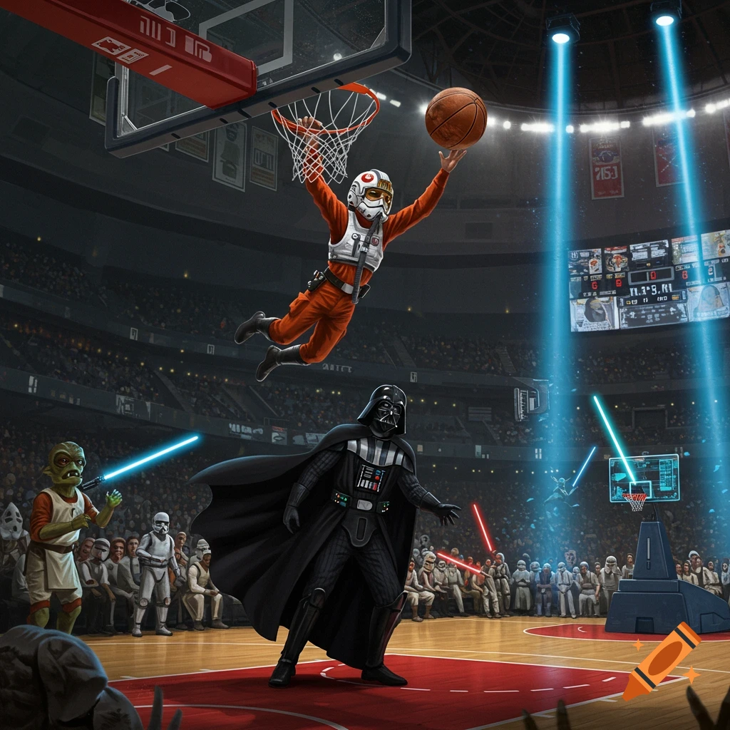 Pilot Luke Skywalker dunks a basketball over Darth Vader in a packed stadium during a Star Wars themed basketball game.
