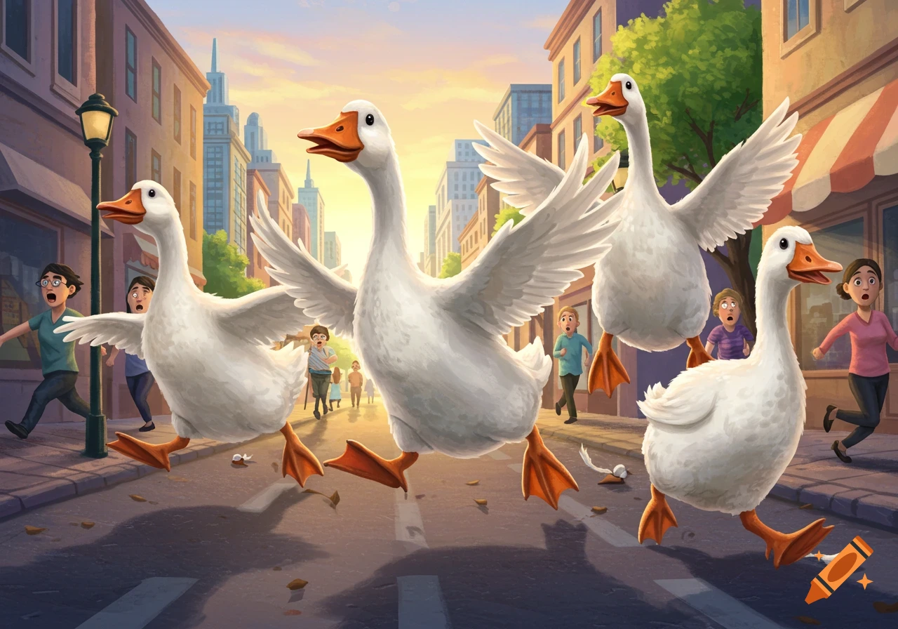Cute illustration of large geese running through a city street, scattering frightened people.