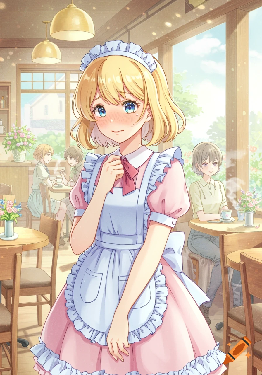 An embarrassed blonde anime character in a pink and white maid dress stands in a sunlit cafe with other patrons.