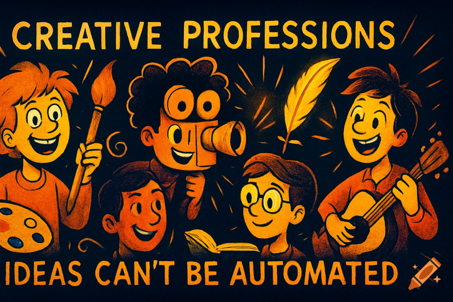 Cartoon illustration of characters representing creative professions, including a painter, filmmaker, writer, and musician, with legible text.