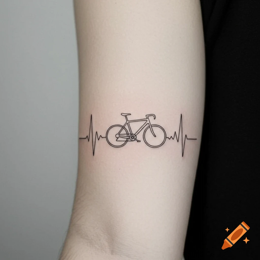A minimalist line art tattoo of a bicycle integrated into a heartbeat line on an arm.